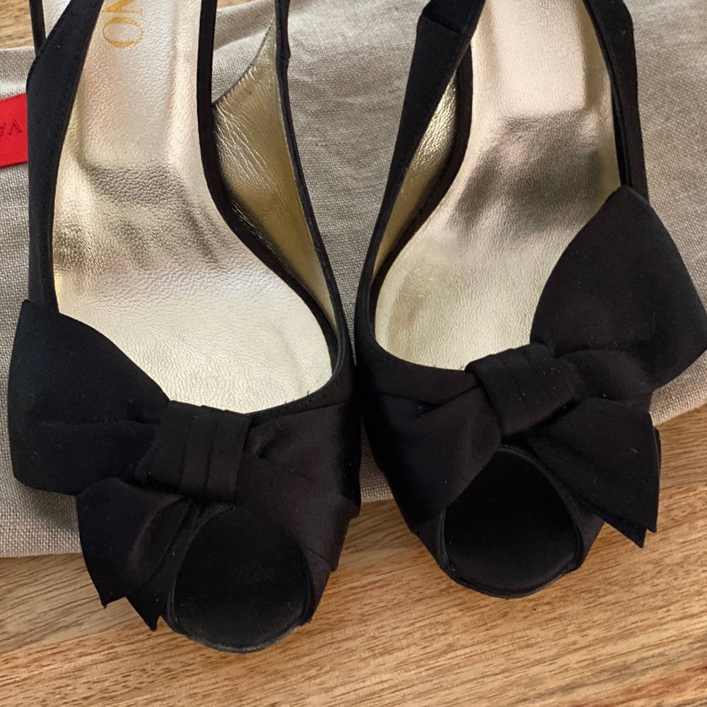 Valentino Black Satin Sling Back Heels with Bow Detail Size 37.5